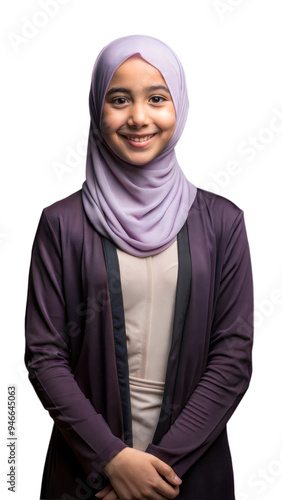 Young Girl Smiling While Wearing Purple Hijab and Modern Attire