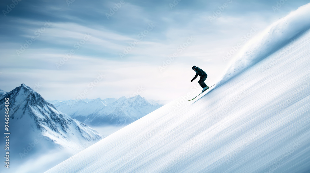 Ski jumper landing softly on a steep slope snow spraying up smooth transition from air to ground mountains visible in the distance perfect technique Ski jumper landing softly on a steep slope snow spraying up smooth transition from air to ground mountains visible in the distance perfect technique