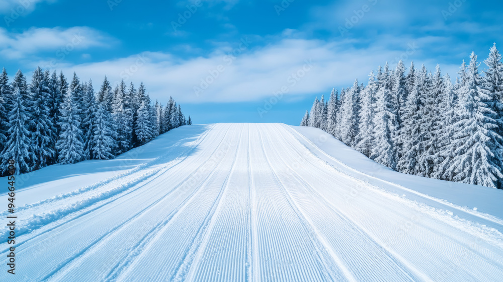 Obraz premium Ski jumping hill captured from below emphasizing its steep angle surrounded by snowy forests deep blue sky overhead intense perspective 