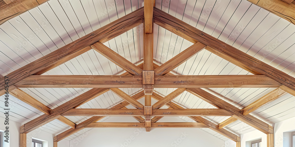 Obraz premium Elegant Wood Beams: A high contrast photo of a wooden ceiling adorned with decorative beams, creating a warm and inviting ambiance.
