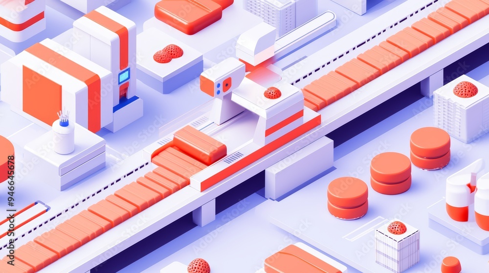 An automated food processing plant, with conveyor belts, packaging machines, and robots handling delicate products An automated food processing plant, with conveyor belts, packaging machines, and robots handling delicate products