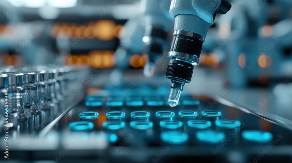Cutting-edge automated lab equipment is shown handling precise liquid dispensing, highlighting modern scientific research accuracy, technological advancements, and meticulous processes. Cutting-edge automated lab equipment is shown handling precise liquid dispensing, highlighting modern scientific research accuracy, technological advancements, and meticulous processes.