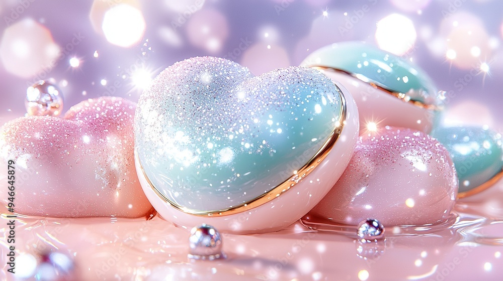 A heart-shaped box rests atop a table, surrounded by other similarly shaped pink and blue boxes A heart-shaped box rests atop a table, surrounded by other similarly shaped pink and blue boxes