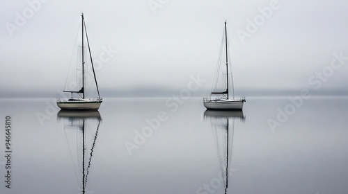   Boats bob on water; foggy sky in backdrop