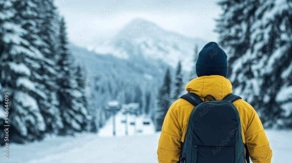 Snowboarder carrying a rental board over the shoulder walking towards the lift snow-covered trees and mountains ready for an exhilarating day Snowboarder carrying a rental board over the shoulder walking towards the lift snow-covered trees and mountains ready for an exhilarating day