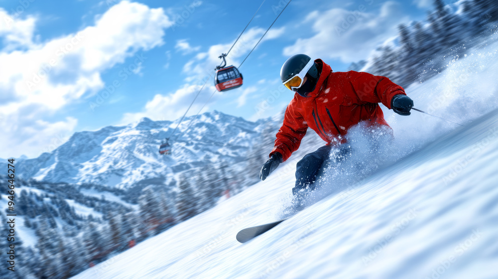 Snowboarder racing down a slope with a cable car gliding overhead distant peaks and snowy forests dynamic angle emphasizing speed and height Snowboarder racing down a slope with a cable car gliding overhead distant peaks and snowy forests dynamic angle emphasizing speed and height