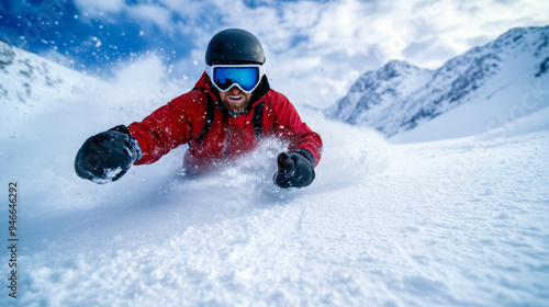 Snowboarder sliding uncontrollably down a slope arms flailing panic on their face snowy mountain background steep terrain and scattered gear  photo