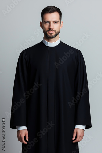 Solemn pastor outfit featuring a black robe with a white clerical collar, isolated on a plain gray gradient background minimalistic design with subtle fabric texture details 