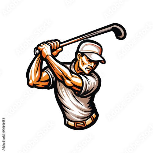 A detailed vector illustration of a golfer in mid swing, with a focused expression and a dynamic pose.