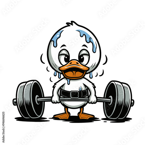 A digital illustration of a cartoon duck trying to lift a barbell