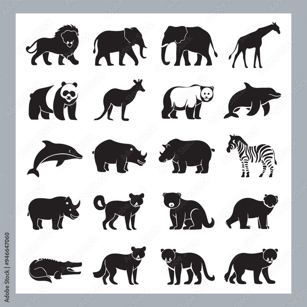 Obraz premium Set of silhouette logotype icons animal Lion, Elephant, Tiger, Giraffe, Kangaroo, Panda, Gorilla, dolphin, cat, deer, Polar Bear, Zebra, fox in white background