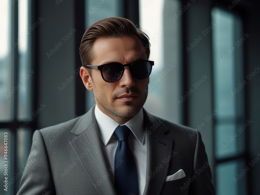 Confident Businessman in Sunglasses Standing in Modern Office Environment Confident Businessman in Sunglasses Standing in Modern Office Environment