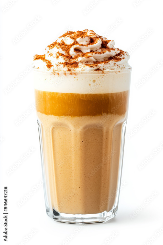 Tall pumpkin spice latte in a transparent glass with layers of creamy foam and cinnamon sprinkles on a clean white background isolated with soft shadows Tall pumpkin spice latte in a transparent glass with layers of creamy foam and cinnamon sprinkles on a clean white background isolated with soft shadows