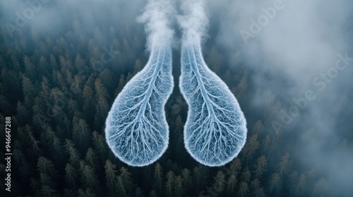 A frozen forest with mist forming lung-shaped frost patterns in the atmosphere, symbolizing the breath of nature and environmental purity in a wintery woodland scene. photo