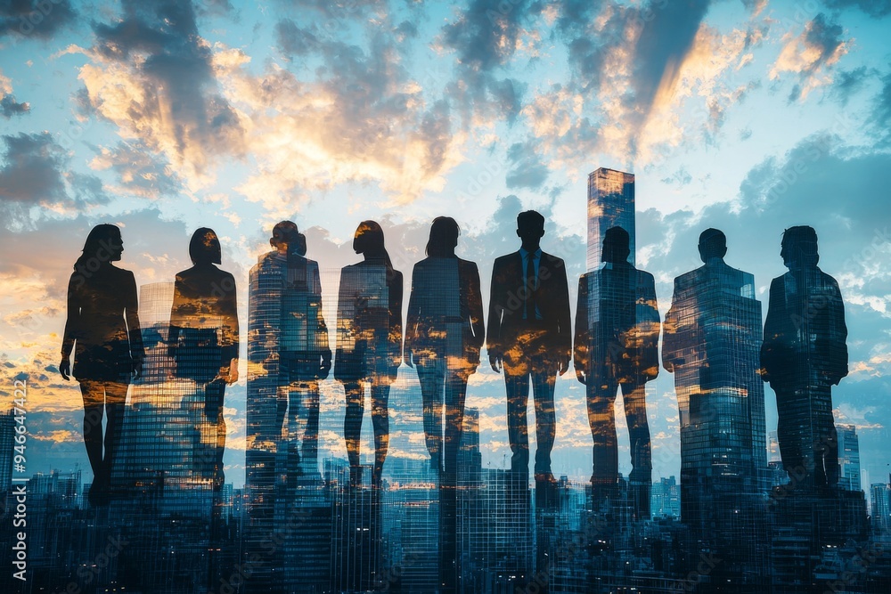 People standing in city skyline double exposure created with Generative AI People standing in city skyline double exposure created with Generative AI