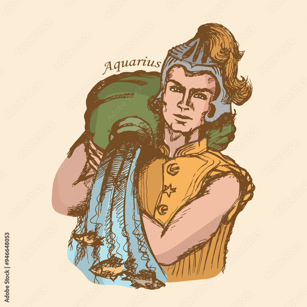 Fototapeta premium Young man with a vessel of water on his shoulder. Zodiac sign - Aquarius. Sketch, hand drawing. Vector illustration