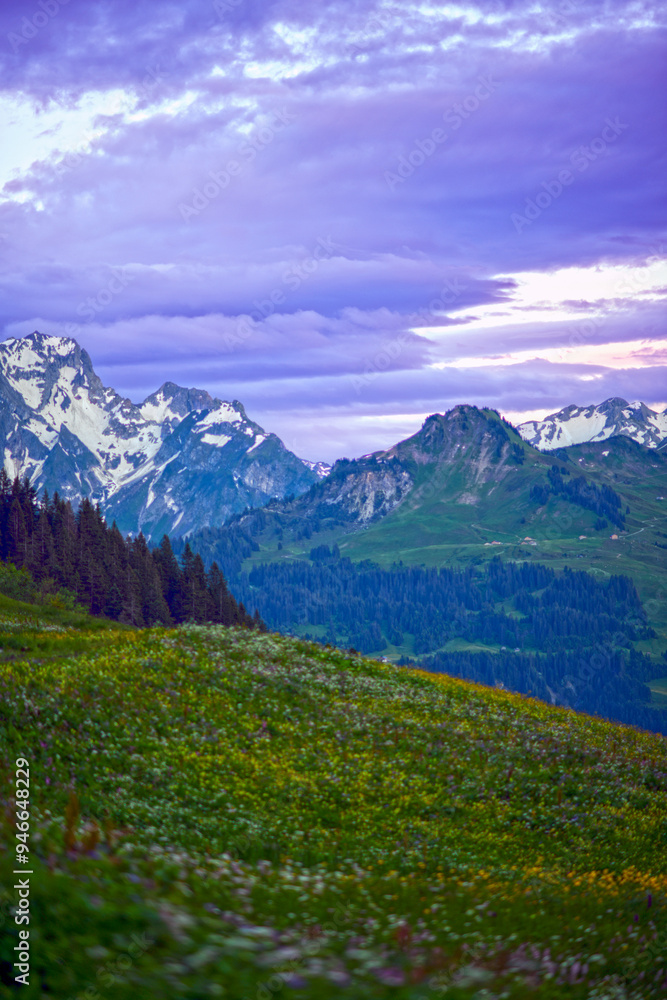 Obraz premium Blick von Faschina-Fontanella auf das Lechquellengebirge in Vorarlberg (Österreich)