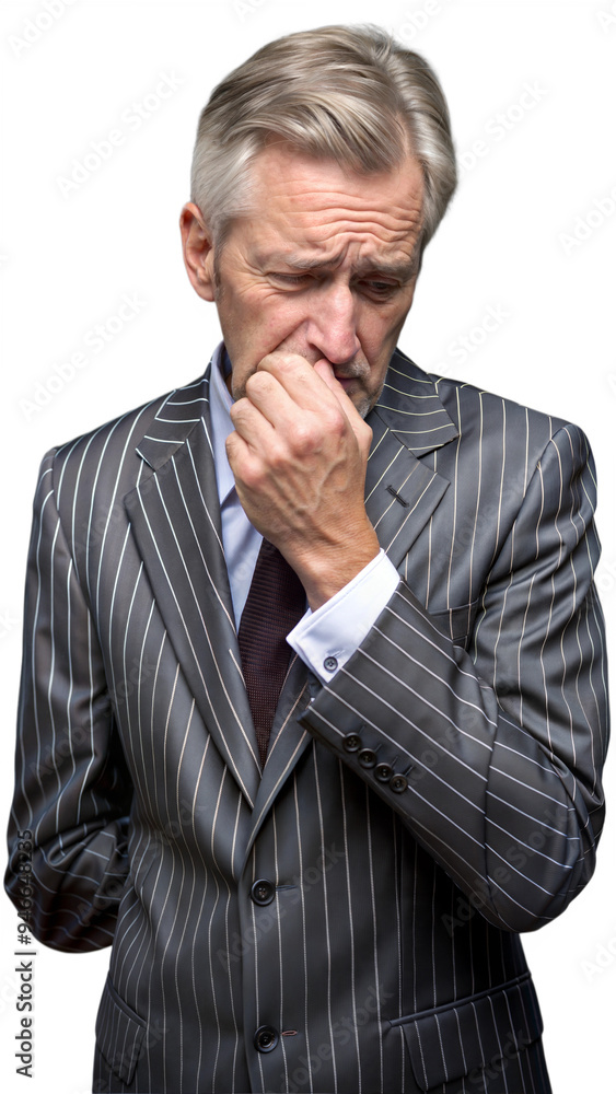 Concerned Businessman in Striped Suit Contemplating Concerned Businessman in Striped Suit Contemplating