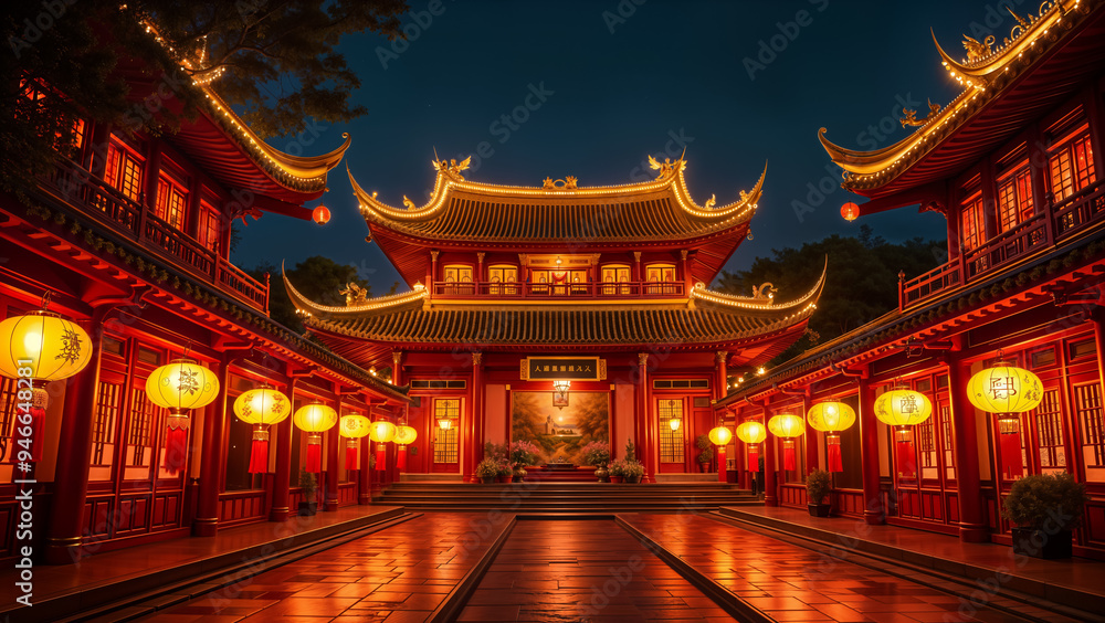 Obraz premium Celebrating Mid-Autumn Festival 2024: Traditional Chinese Palace Illuminated with Red Lanterns, Symbolizing Harmony and Reunion. Mid-Autumn Festival Celebration at a Chinese temple