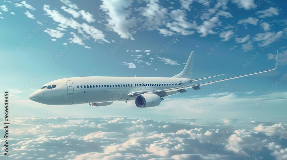 Obraz premium modern passenger jet airplane taking off into partly cloudy blue sky commercial aviation concept