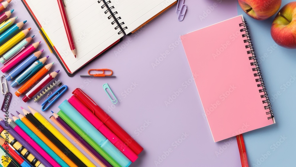 Educational supplies neatly arranged on the left with a soft lilac background for text or logos Educational supplies neatly arranged on the left with a soft lilac background for text or logos