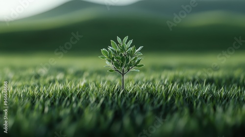 The image captures a tiny sapling emerging with optimism in a vast green field, symbolizing growth, renewal, and the beginning of a new life in nature.