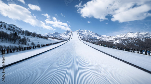 Wide-angle view of a massive ski trampoline set against a sprawling winter landscape cheering spectators lined up along the snow-covered sides vibrant event energy 