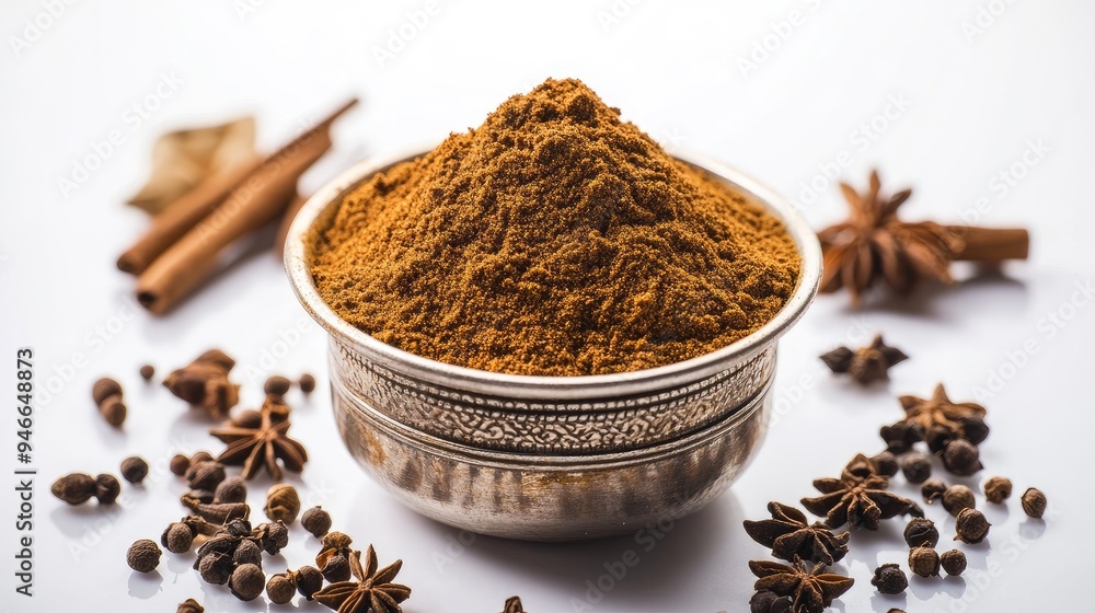 Heap of garam masala powder in a small metal bowl, with a few whole spices sprinkled around it on a white background, no people. Heap of garam masala powder in a small metal bowl, with a few whole spices sprinkled around it on a white background, no people.
