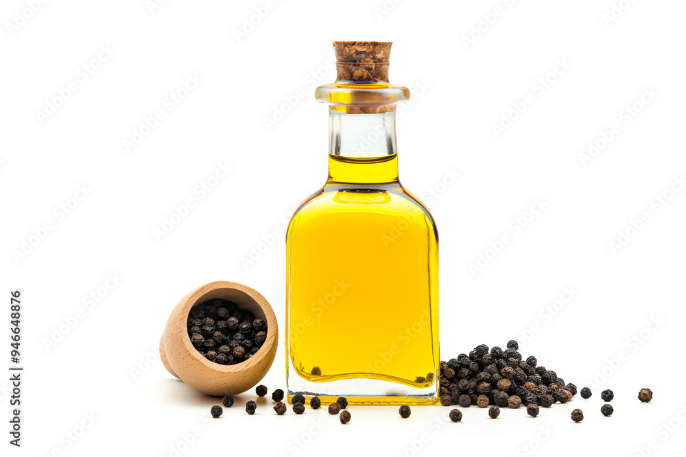 Peppercorn-Infused olive oil in bottle with cork surrounded isolated on white transparent background. Food ingredient and cooking concept Peppercorn-Infused olive oil in bottle with cork surrounded isolated on white transparent background. Food ingredient and cooking concept