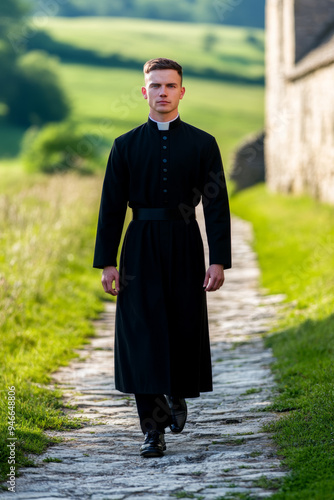 Young priest in a modern cassock walking down a narrow stone pathway outside an old church peaceful countryside setting with green fields in the background  photo