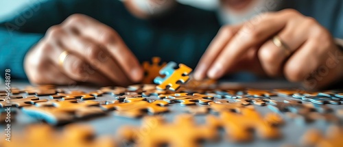 A close-up of hands assembling a colorful puzzle, showcasing teamwork and concentration in a warm, inviting atmosphere.
