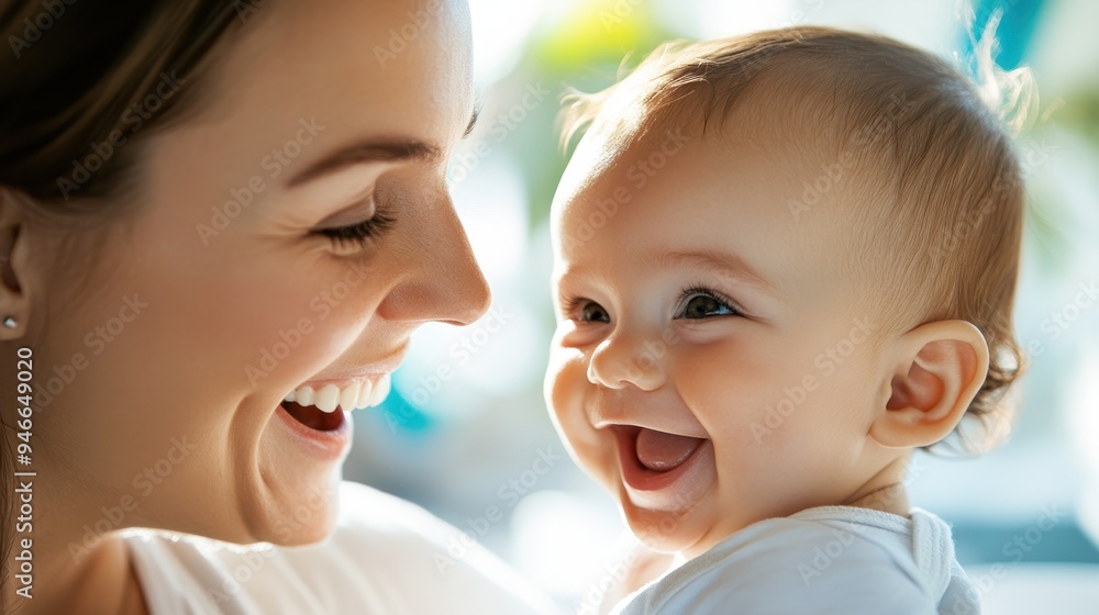 A mother and her baby share a joyful close moment, both exhibiting happiness and bonding in a bright and warm setting, showcasing love and family connection. A mother and her baby share a joyful close moment, both exhibiting happiness and bonding in a bright and warm setting, showcasing love and family connection.