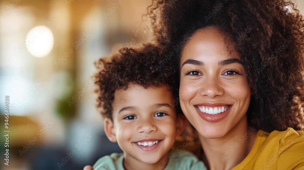 Fototapeta premium A mother with curly hair and her child smile brightly at the camera, showing apparent happiness and a strong bond, set in a warm environment highlighting familial joy.