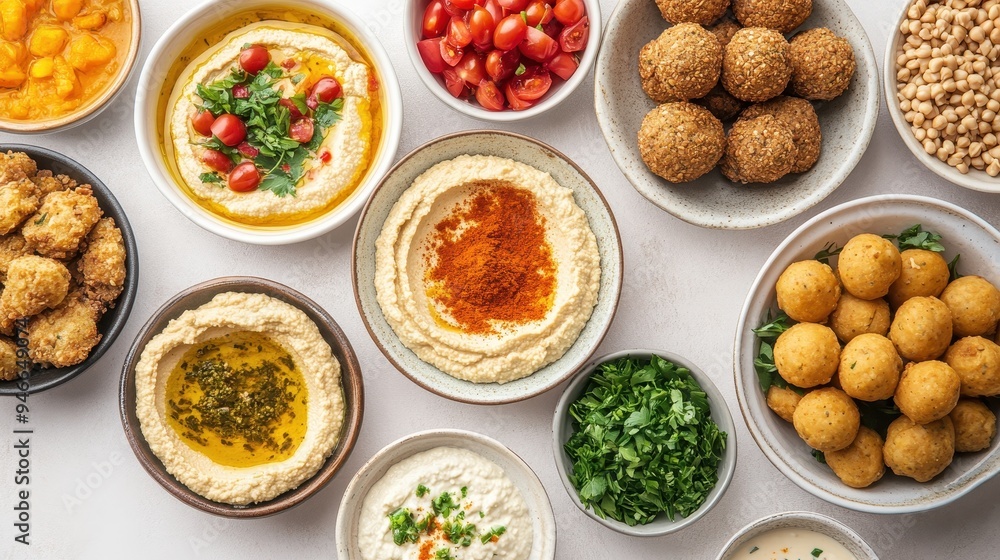 An assortment of Arabic delicacies including hummus, falafel, and fresh tomatoes, artistically arranged for a communal dining experience An assortment of Arabic delicacies including hummus, falafel, and fresh tomatoes, artistically arranged for a communal dining experience