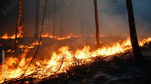 An intense image of a forest wildfire consuming the dry underbrush with bright, raging flames sending smoke into the air, highlighting the power and destruction of nature's elements. photo