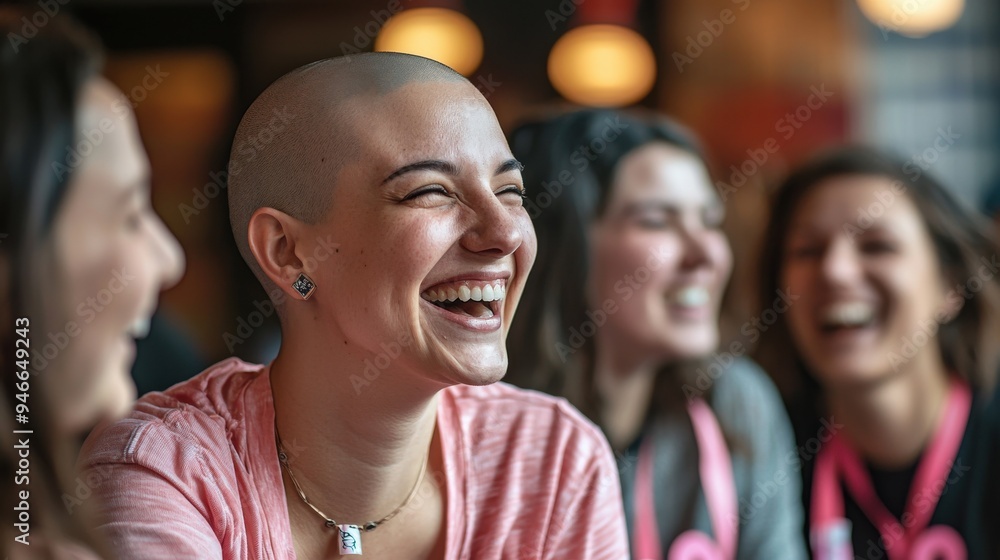 An inspiring photo of a woman with a shaved head, a breast cancer survivor, laughing with a group of friends who are all wearing pink shirts and ribbons, sitting together at a coffee shop, An inspiring photo of a woman with a shaved head, a breast cancer survivor, laughing with a group of friends who are all wearing pink shirts and ribbons, sitting together at a coffee shop,