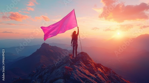 A serene image of a woman standing on a mountaintop, holding a pink flag with the breast cancer awareness ribbon, her face reflecting determination and pride, symbolizing triumph over adversity and