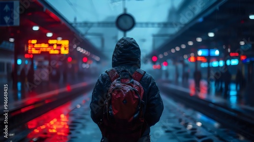 A person wearing a red backpack stands in the rain at a train station