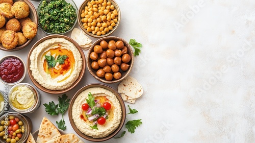 Wallpaper Mural An inviting spread of Arabic food items, showcasing creamy hummus, falafel, and colorful dips with fresh ingredients alongside pita bread Torontodigital.ca
