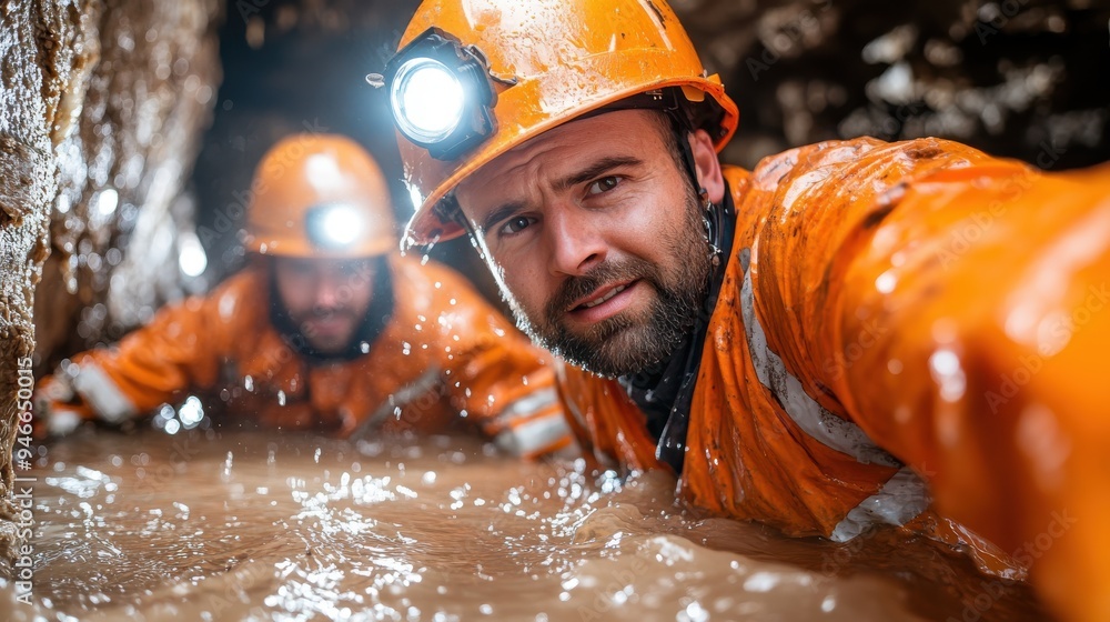 Two rescuers in a cave, wearing headlamps and orange gear, navigating through water and mud. They exhibit teamwork and resilience in overcoming the harsh conditions. Two rescuers in a cave, wearing headlamps and orange gear, navigating through water and mud. They exhibit teamwork and resilience in overcoming the harsh conditions.