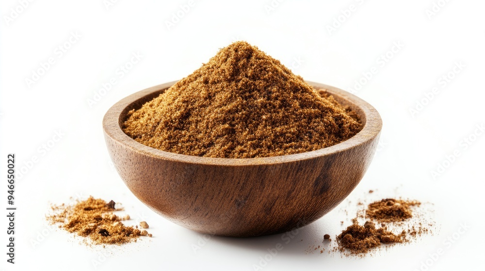 Heap of garam masala spice blend in a small wooden bowl, with a light dusting around it on a white background, no people.
