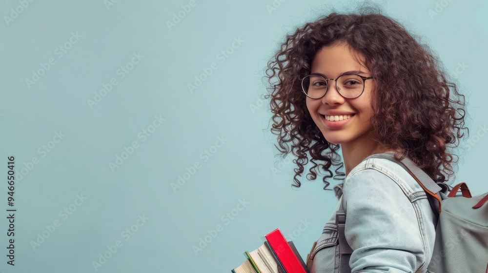 Happy female student with glasses and curly hair, standing with books over a pale blue background, copy space Happy female student with glasses and curly hair, standing with books over a pale blue background, copy space