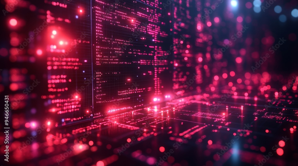 Obraz premium Interactive holographic visualizations represent secure payment transactions in a vibrant digital landscape illuminated by colorful lights.