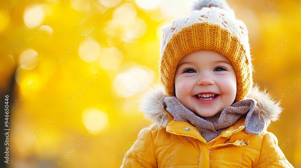 Happy child is playing in the autumn park, yellow leaves background Happy child is playing in the autumn park, yellow leaves background