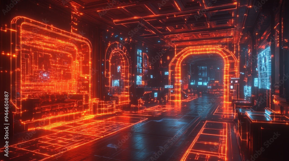 Obraz premium A vibrant, holographic display showcases classic video game environments within a futuristic arcade filled with glowing visuals.