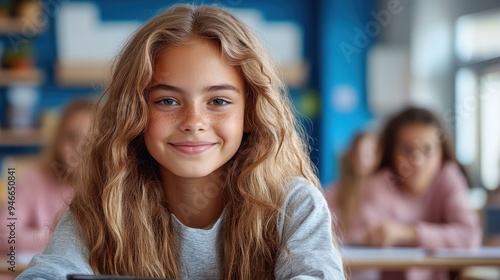 Wallpaper Mural A serene young girl with wavy brown hair, smiling calmly in a classroom environment, embodying a sense of tranquility and concentration, making for a peaceful academic scene. Torontodigital.ca