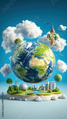 A vibrant 3D illustration of Earth surrounded by trees, buildings, and clouds, highlighting sustainability and nature harmony.