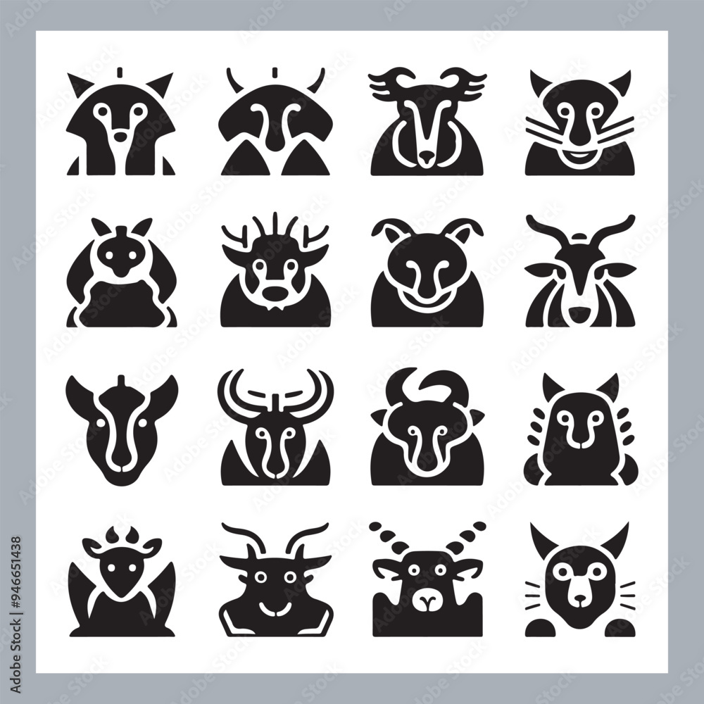 Obraz premium Set of silhouette logotype icons animal Lion, Elephant, Tiger, Giraffe, Kangaroo, Panda, Gorilla, dolphin, cat, deer, Polar Bear, Zebra, fox in white background