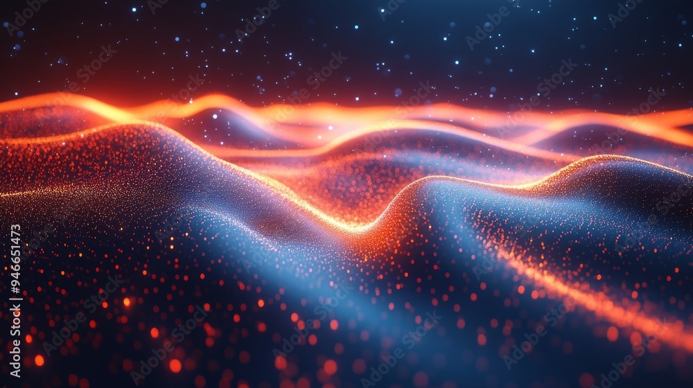 Dynamic holographic representations of encrypted information create a wave-like pattern illuminated by colorful light in a digital environment. Dynamic holographic representations of encrypted information create a wave-like pattern illuminated by colorful light in a digital environment.