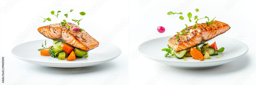 set of A Photo of grilled salmon with vegetables floating on a white plate, isolated A food levitation concept, isolated on a transparent background set of A Photo of grilled salmon with vegetables floating on a white plate, isolated A food levitation concept, isolated on a transparent background